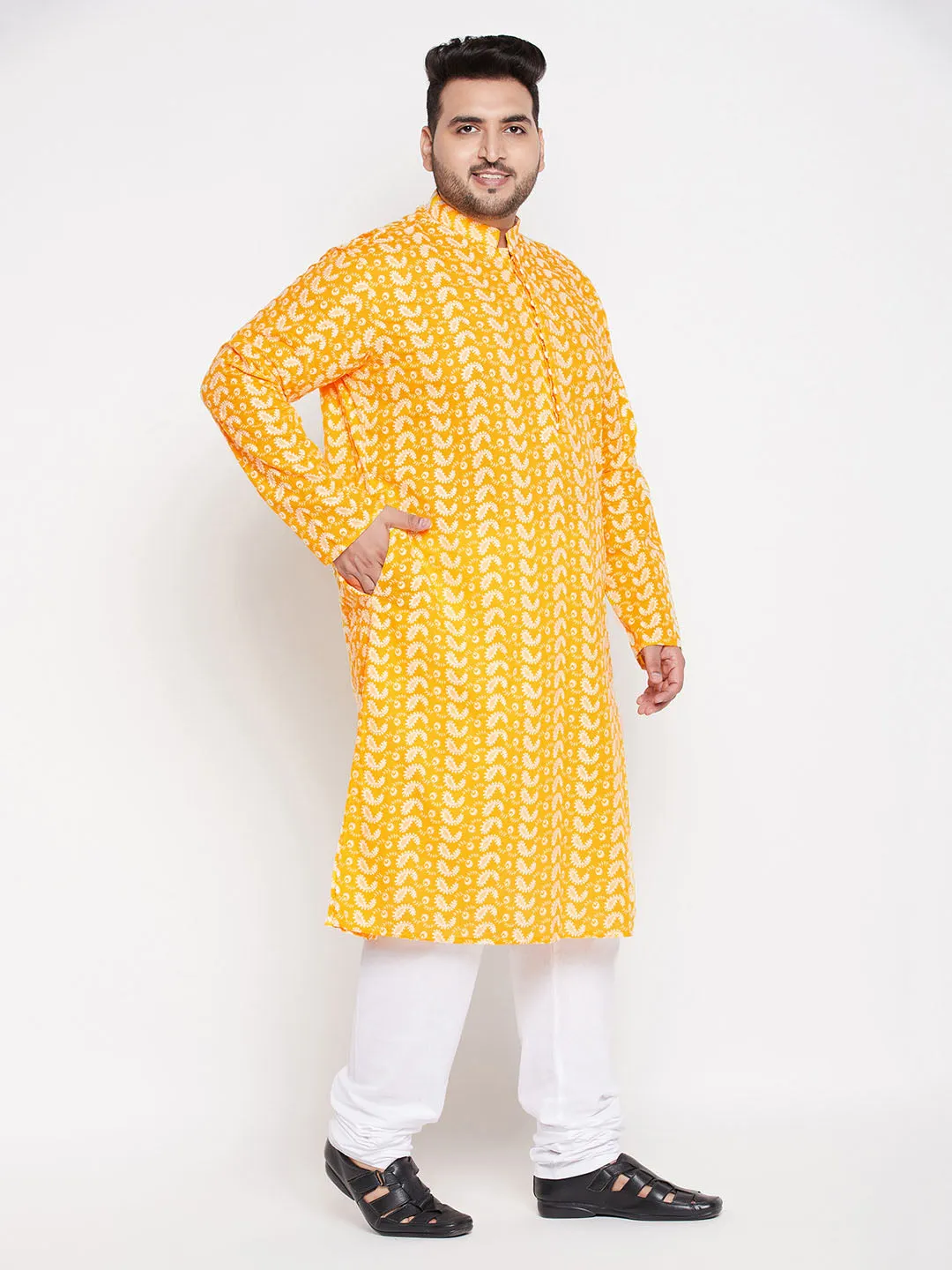 Jashvi Men's Plus Size Orange Chikankari Embroidered Kurta And White Pyjama Set