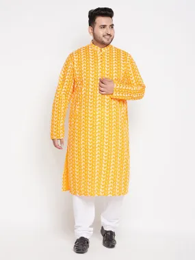 Jashvi Men's Plus Size Orange Chikankari Embroidered Kurta And White Pyjama Set