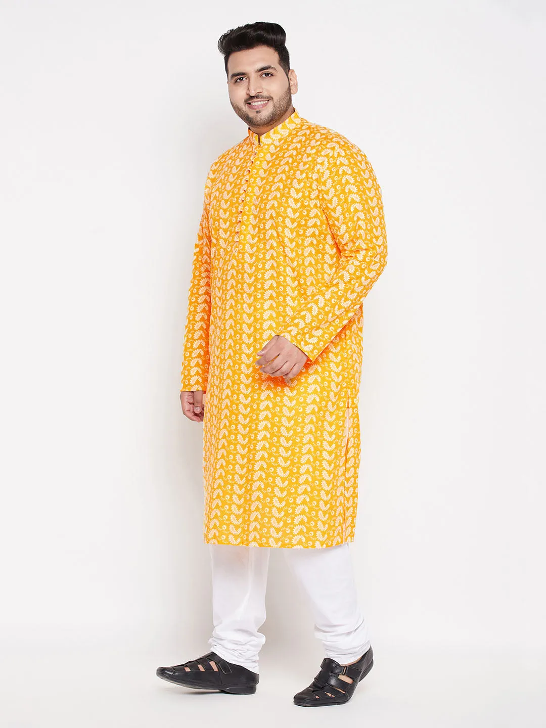 Jashvi Men's Plus Size Orange Chikankari Embroidered Kurta And White Pyjama Set