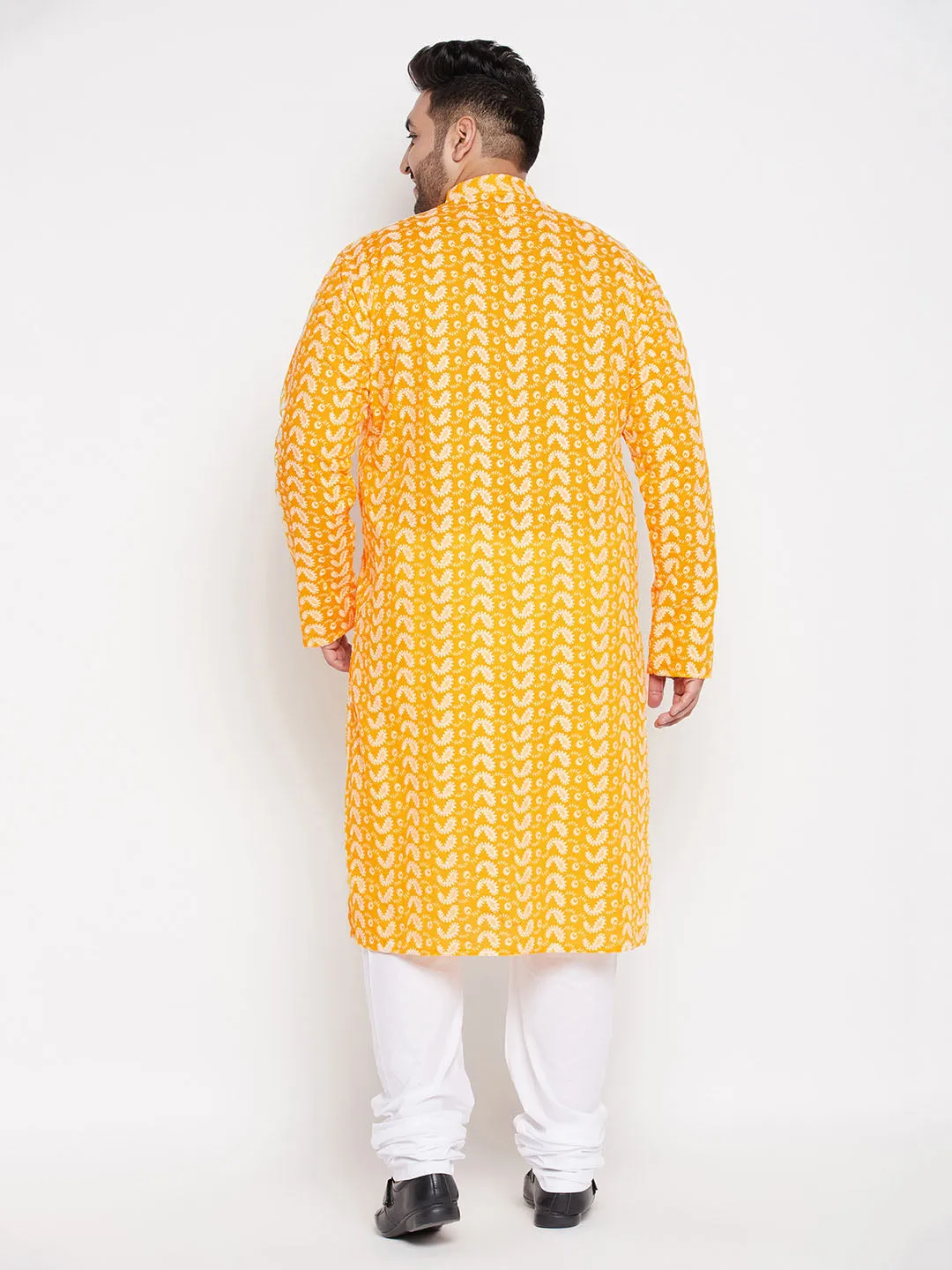 Jashvi Men's Plus Size Orange Chikankari Embroidered Kurta And White Pyjama Set