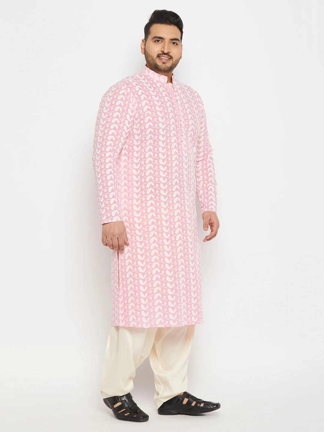 Jashvi Men's Plus Size Pink Chikankari Embroidered Kurta And Cream Patiala Set