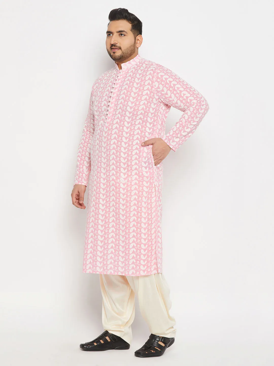 Jashvi Men's Plus Size Pink Chikankari Embroidered Kurta And Cream Patiala Set