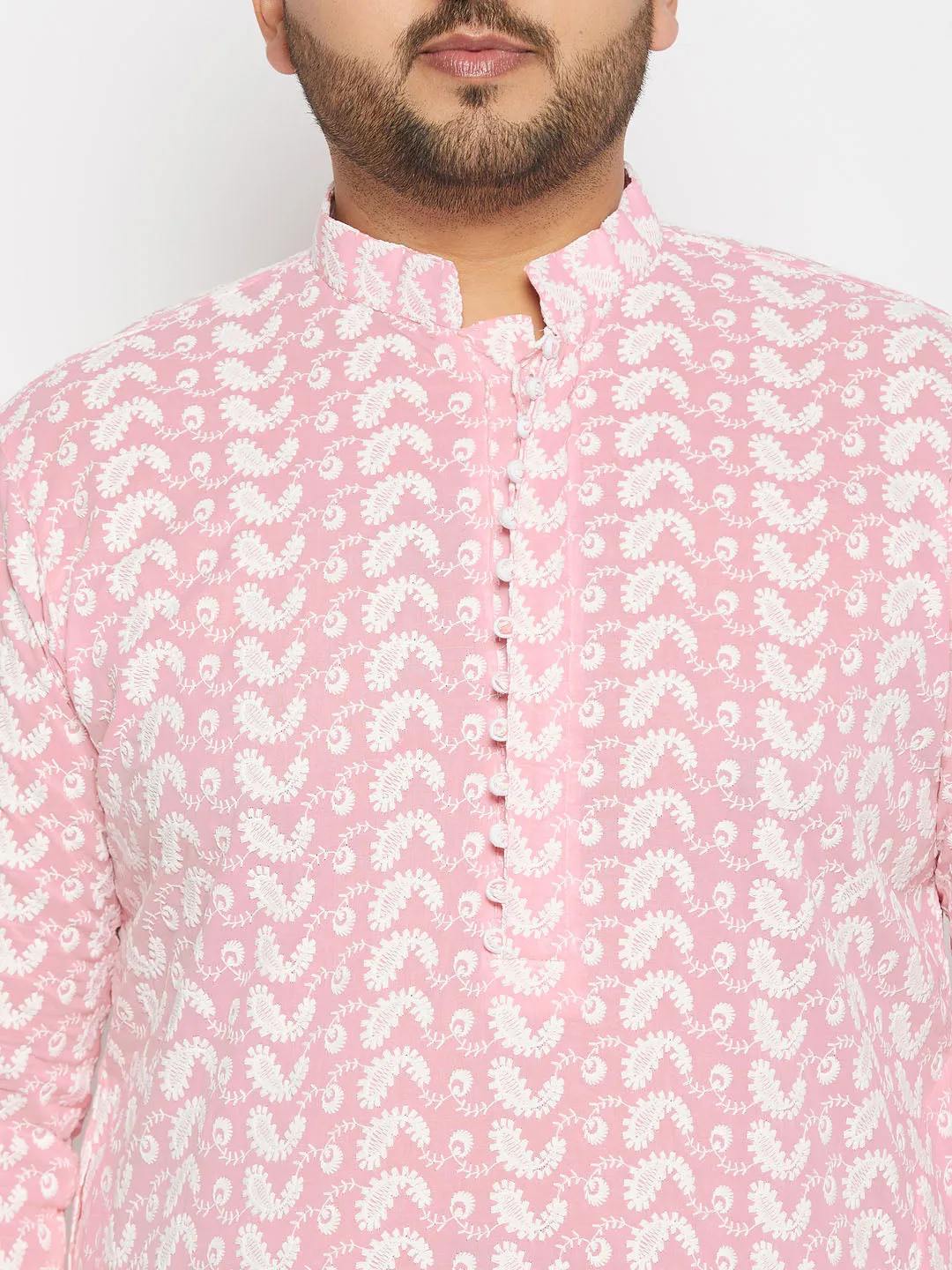 Jashvi Men's Plus Size Pink Chikankari Embroidered Kurta And White Cotton Pant Style Pyjama Set