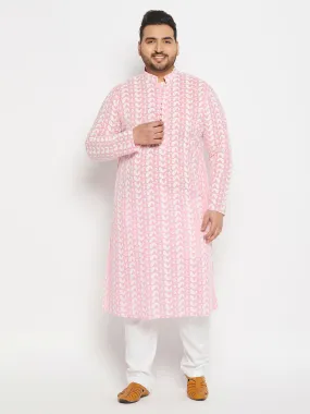 Jashvi Men's Plus Size Pink Chikankari Embroidered Kurta And White Cotton Pant Style Pyjama Set