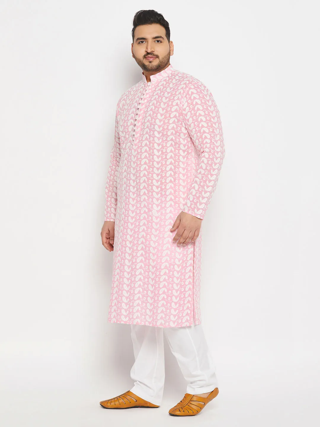 Jashvi Men's Plus Size Pink Chikankari Embroidered Kurta And White Cotton Pant Style Pyjama Set