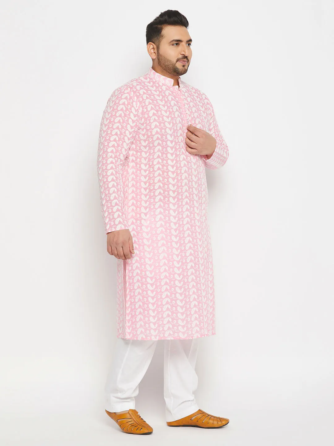 Jashvi Men's Plus Size Pink Chikankari Embroidered Kurta And White Cotton Pant Style Pyjama Set