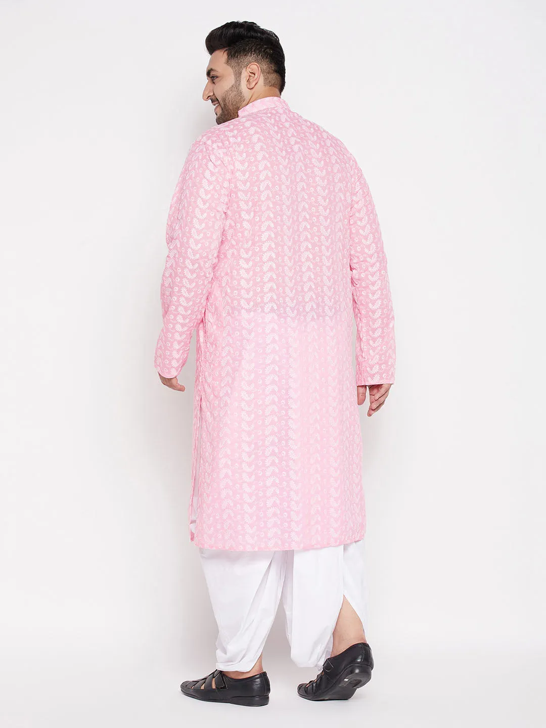 Jashvi Men's Plus Size Pink Chikankari Embroidered Kurta And White Dhoti Set