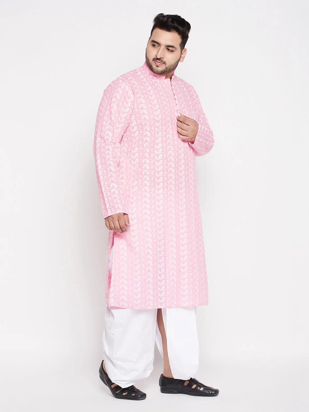 Jashvi Men's Plus Size Pink Chikankari Embroidered Kurta And White Dhoti Set