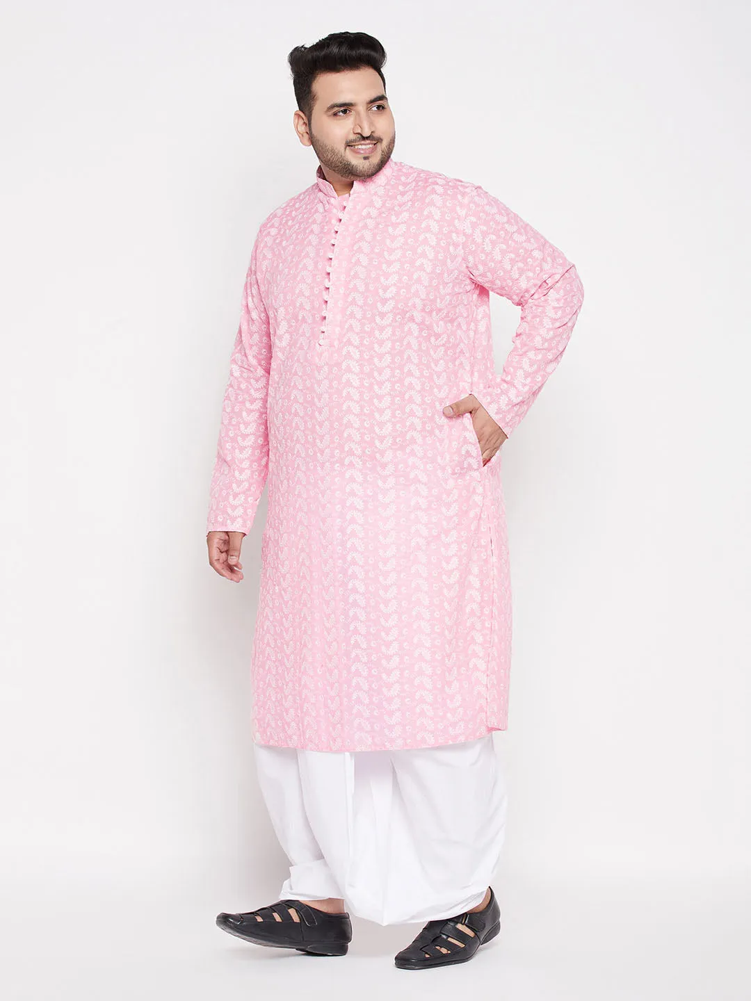 Jashvi Men's Plus Size Pink Chikankari Embroidered Kurta And White Dhoti Set