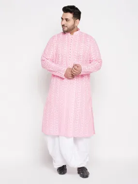 Jashvi Men's Plus Size Pink Chikankari Embroidered Kurta And White Dhoti Set