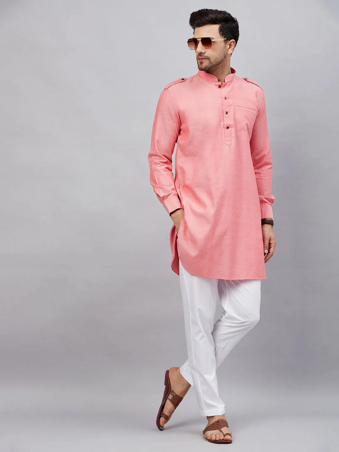 Jashvi Men's Red Cotton Blend Kurta and White Pant Set