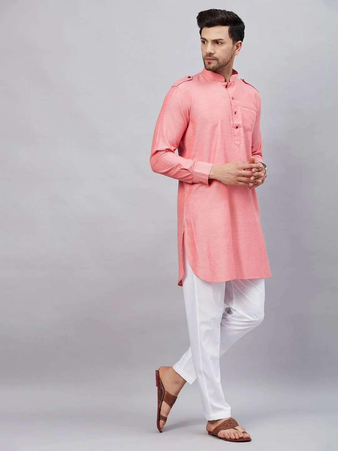 Jashvi Men's Red Cotton Blend Kurta and White Pant Set