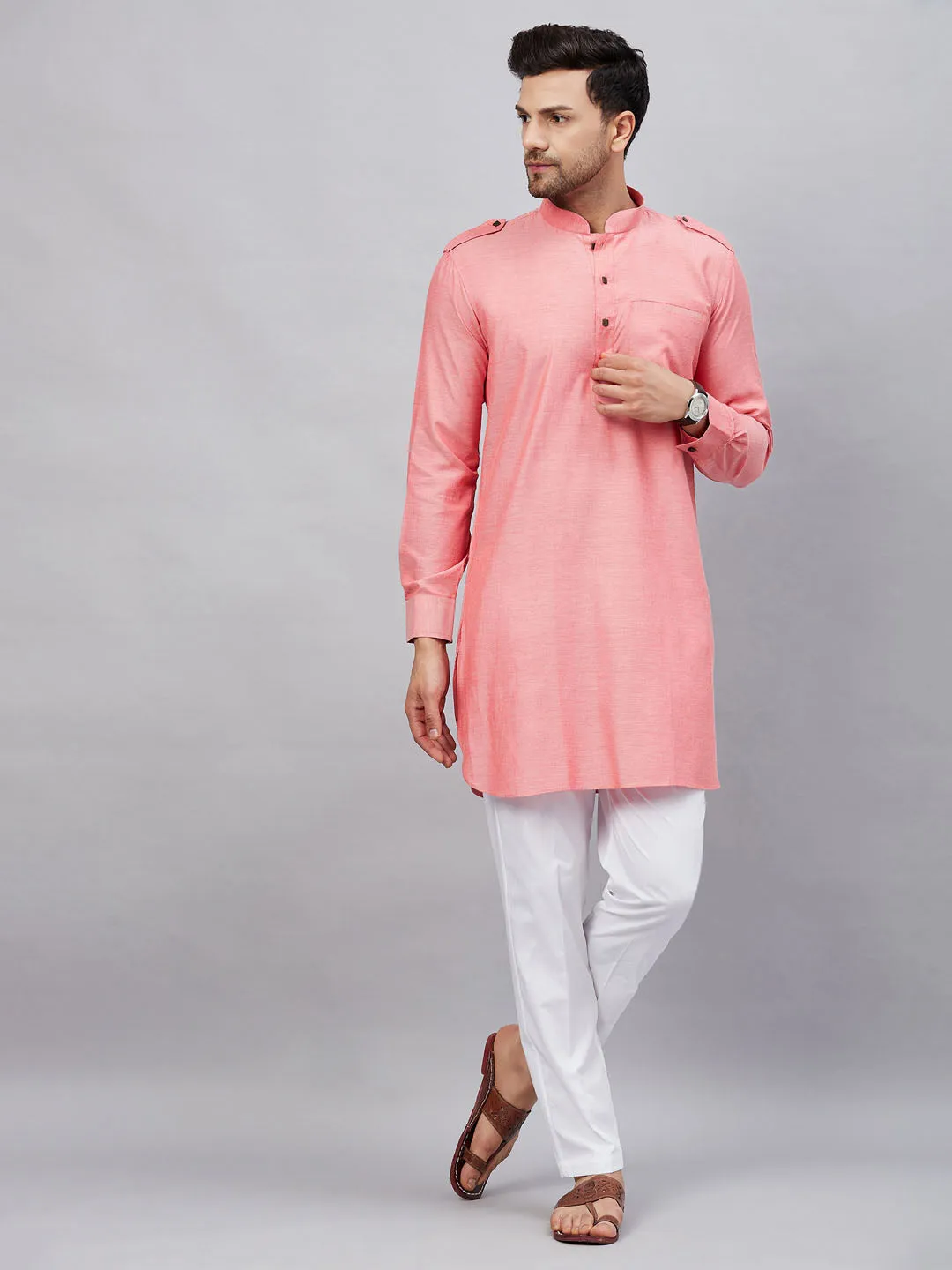 Jashvi Men's Red Cotton Blend Kurta and White Pant Set