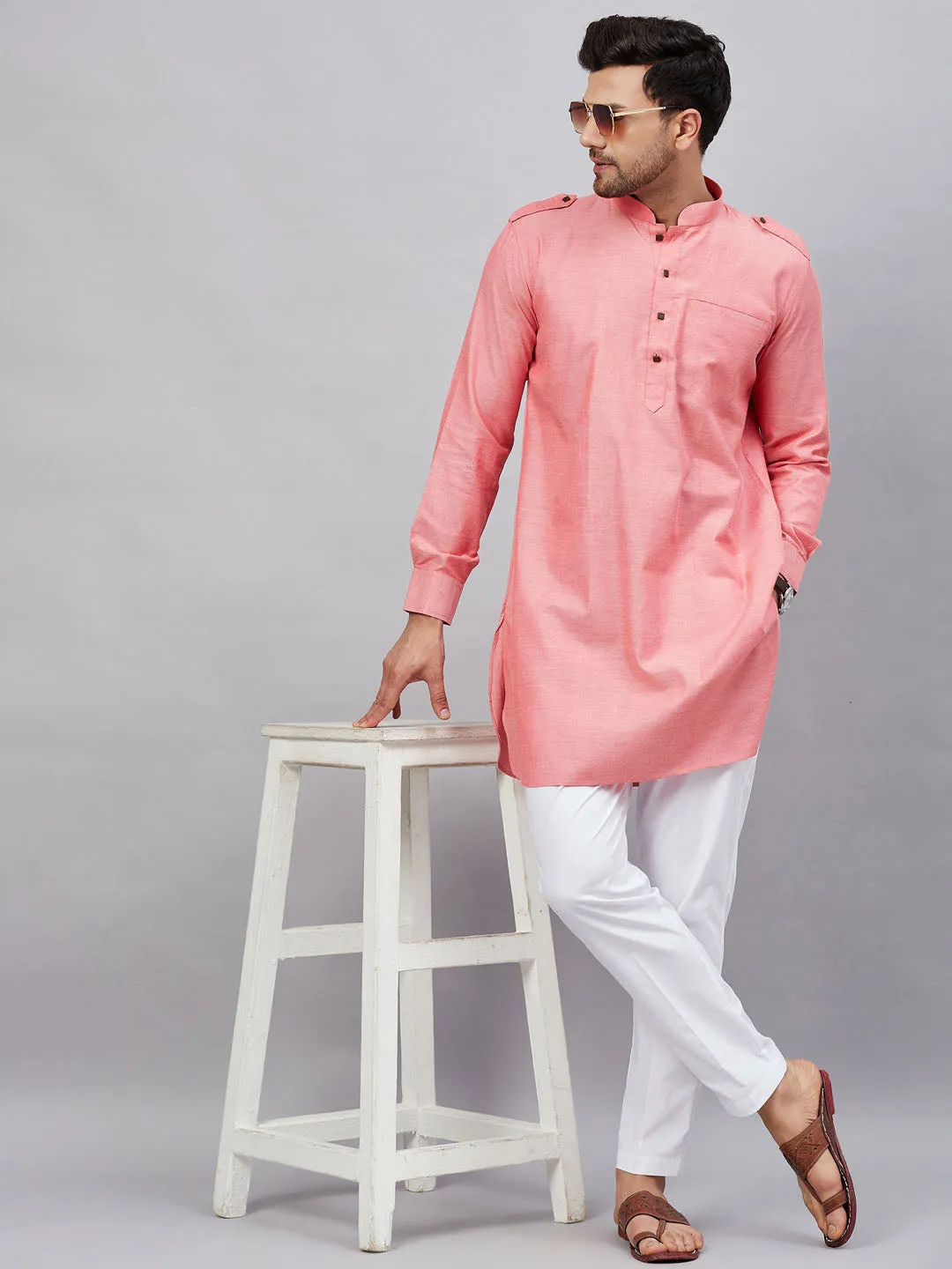 Jashvi Men's Red Cotton Blend Kurta and White Pant Set