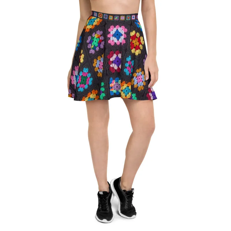 'Kaleidoscope' Classic Granny Square Crochet Print Skater Skirt