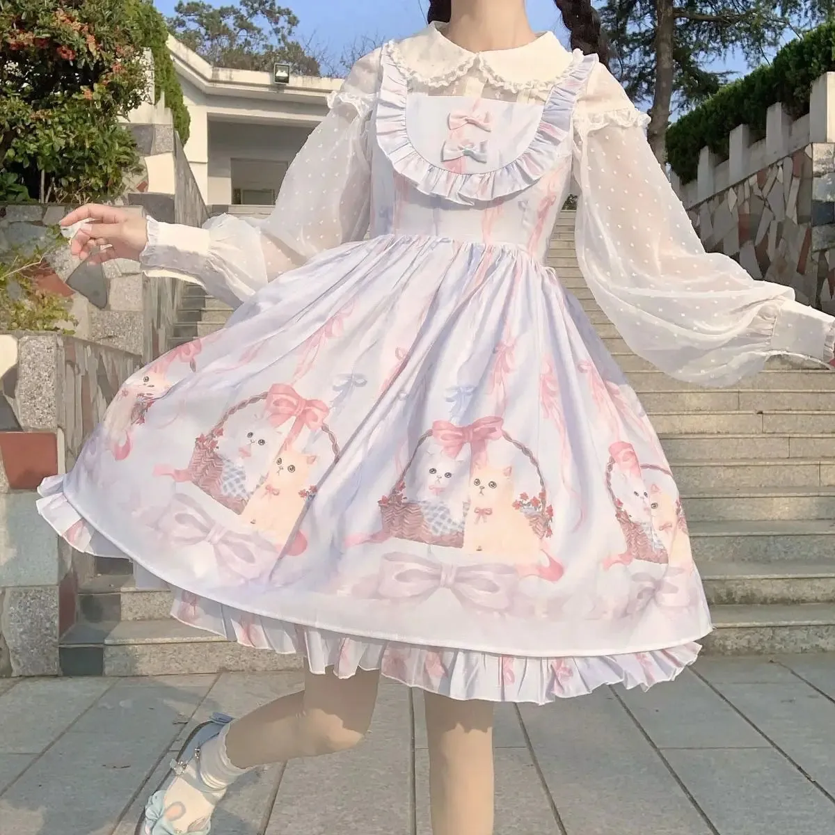 Kawaii Lolita Dress Women Girls JSK Lolita Kawaii Cute Cats Tea Party Dresses Ruffles Cosplay Spring Summer Slip Dress