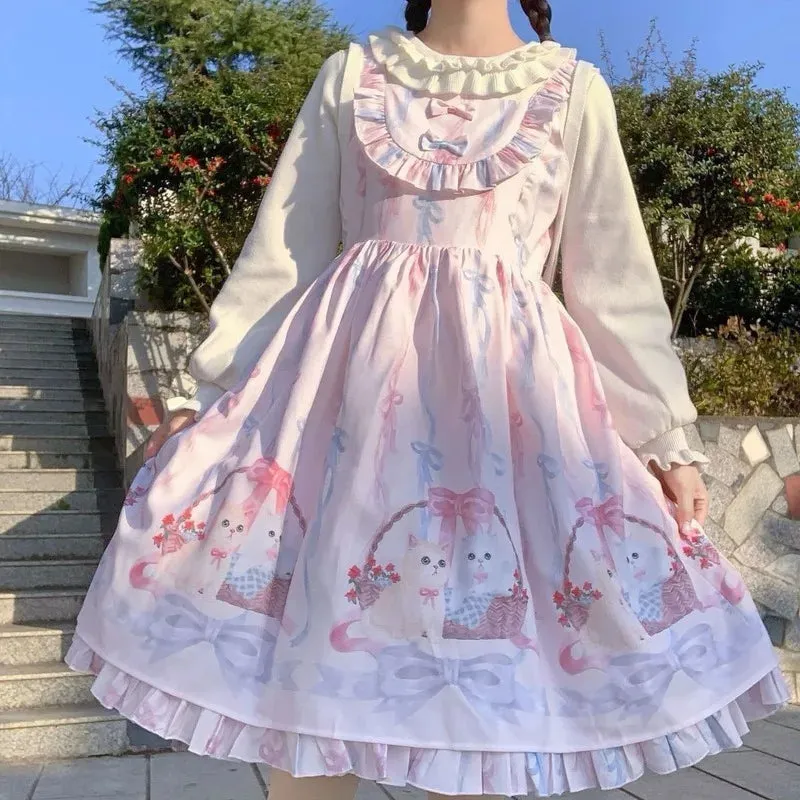 Kawaii Lolita Dress Women Girls JSK Lolita Kawaii Cute Cats Tea Party Dresses Ruffles Cosplay Spring Summer Slip Dress