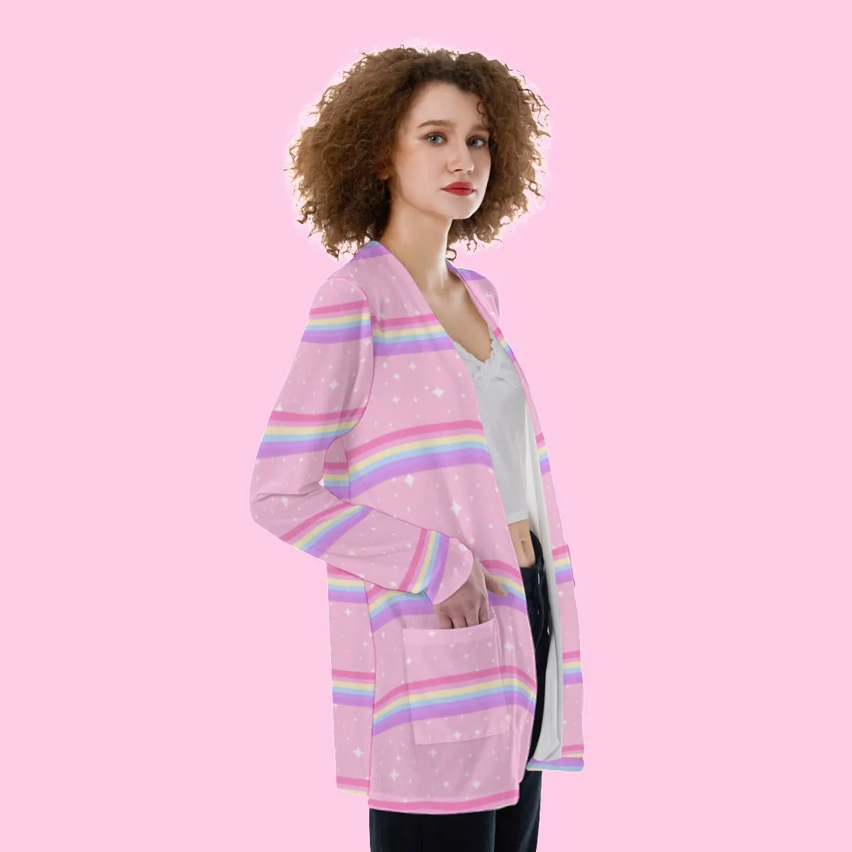 Kawaii Sparkle Cake Rainbow Beam Open Front Lightweight Cardigan With Pockets