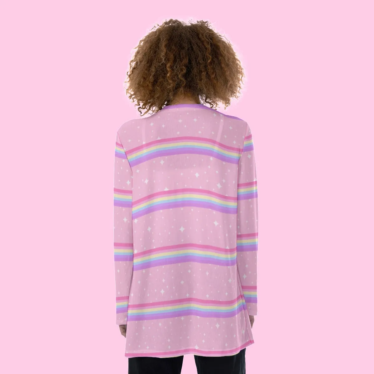 Kawaii Sparkle Cake Rainbow Beam Open Front Lightweight Cardigan With Pockets