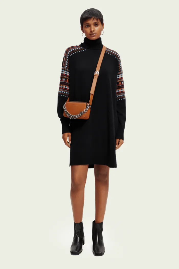 Knitted Ikat Turtleneck Mini Dress