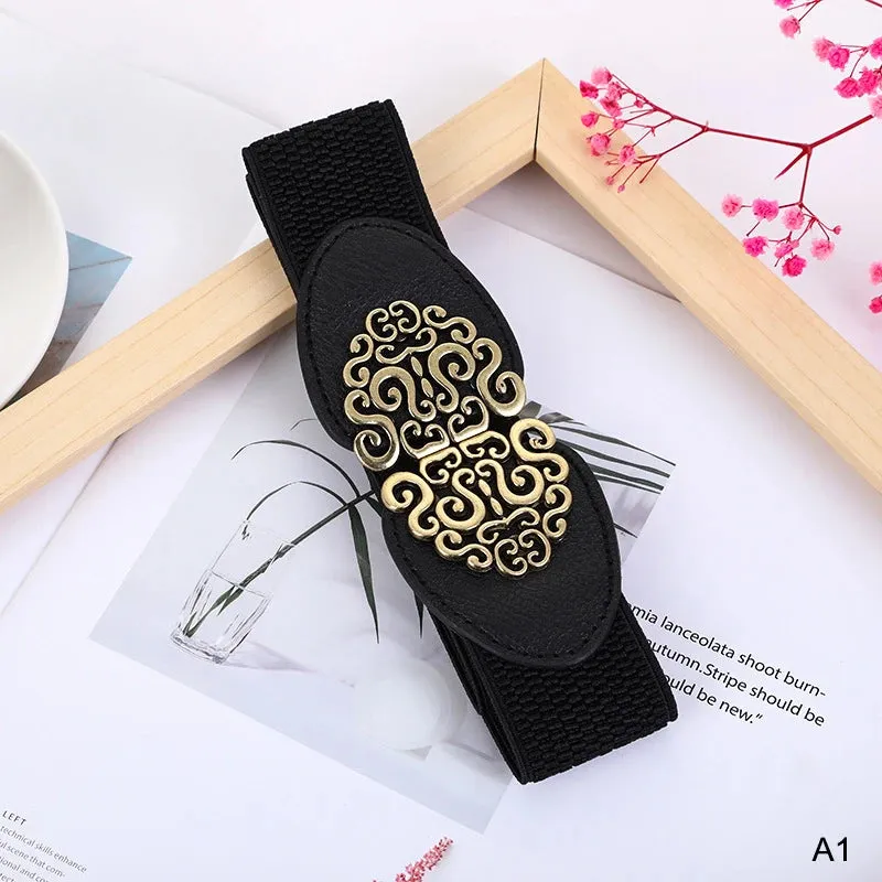 Korean Fashion Ladies Decorated Elastic Wide Belt Buckle Dress Sweater Sweater Waist Belt for Woman