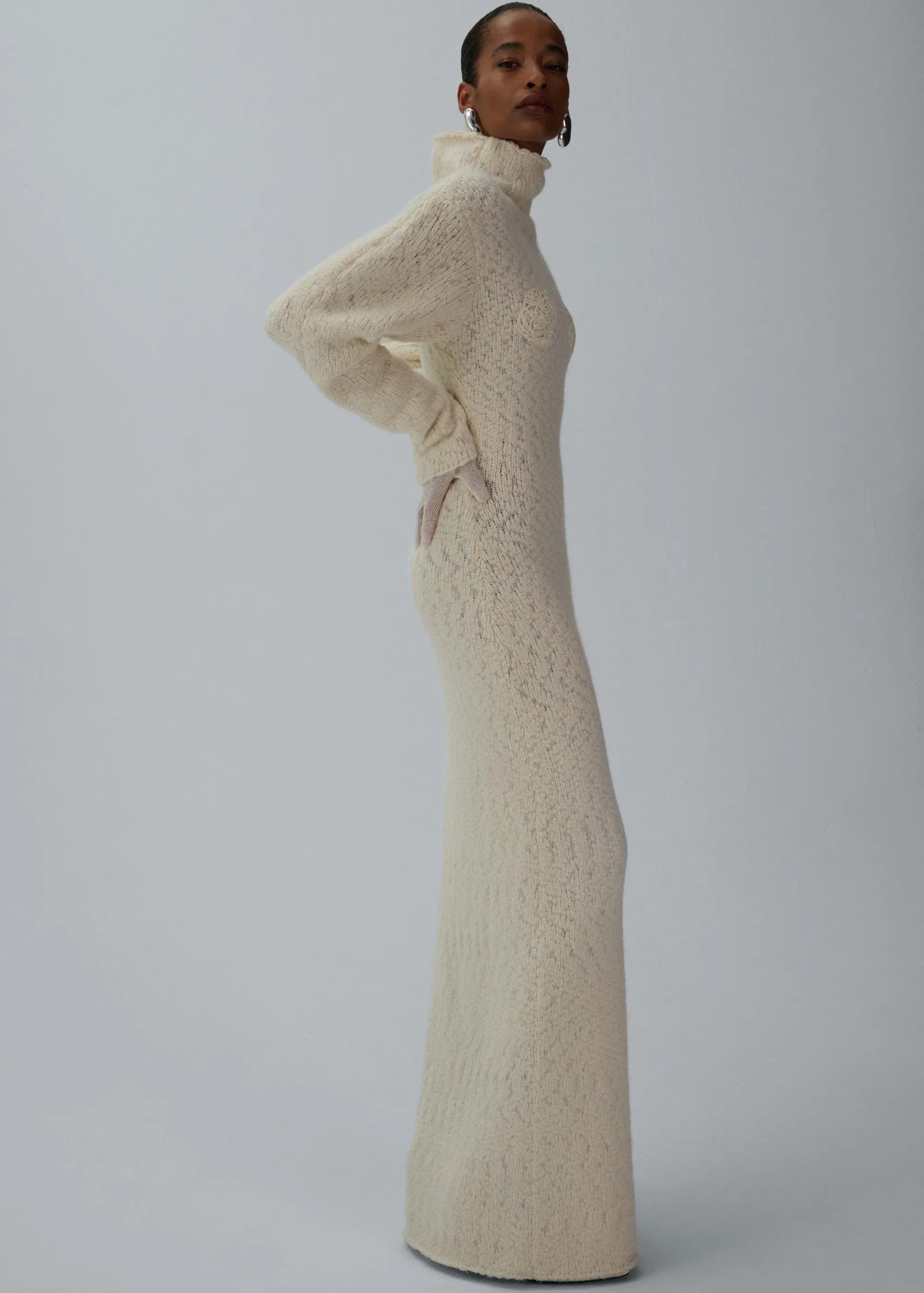 Lace bra cashmere turtleneck dress in cream