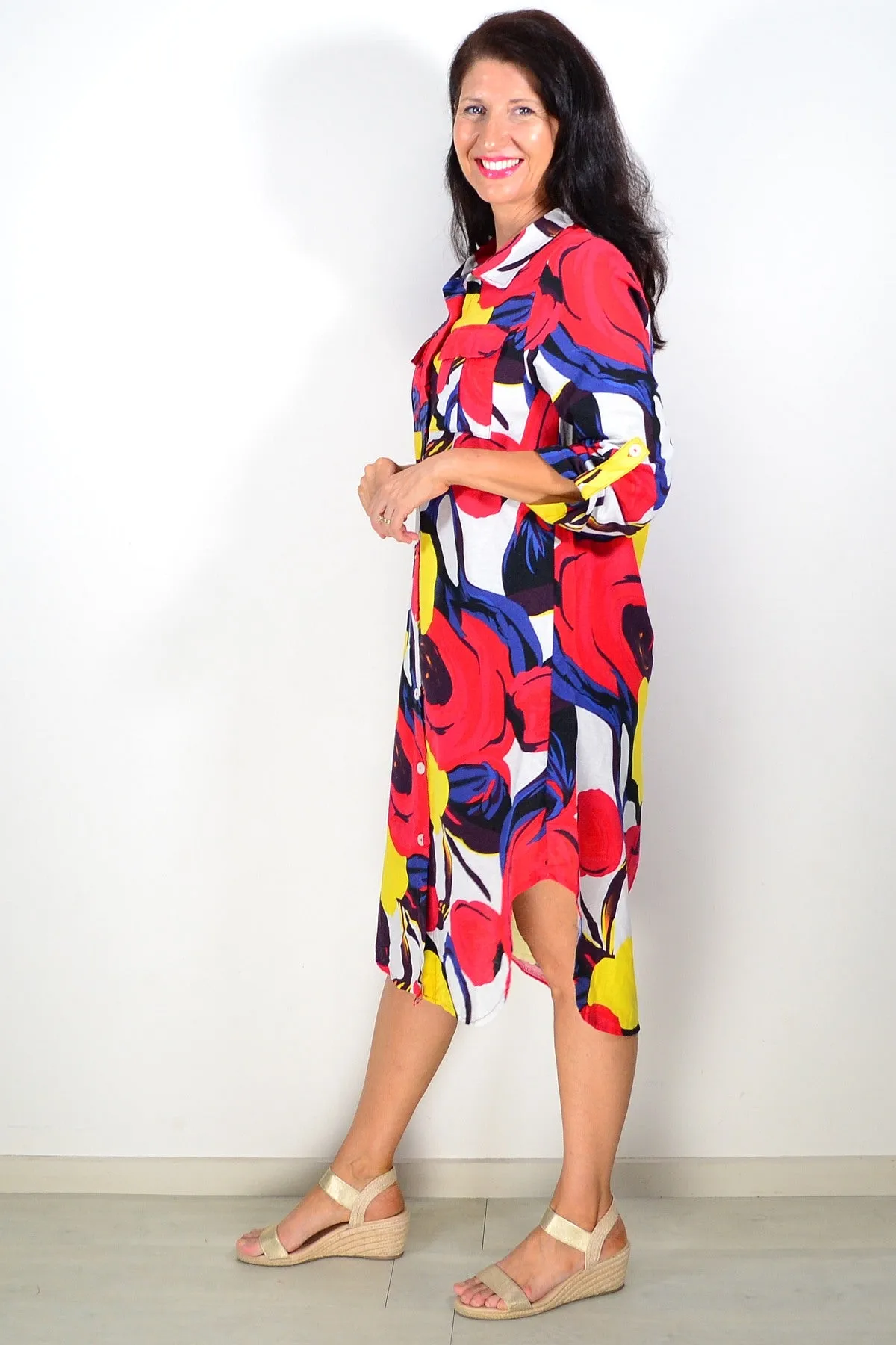 Ladies Long Shirt Red Yellow Print