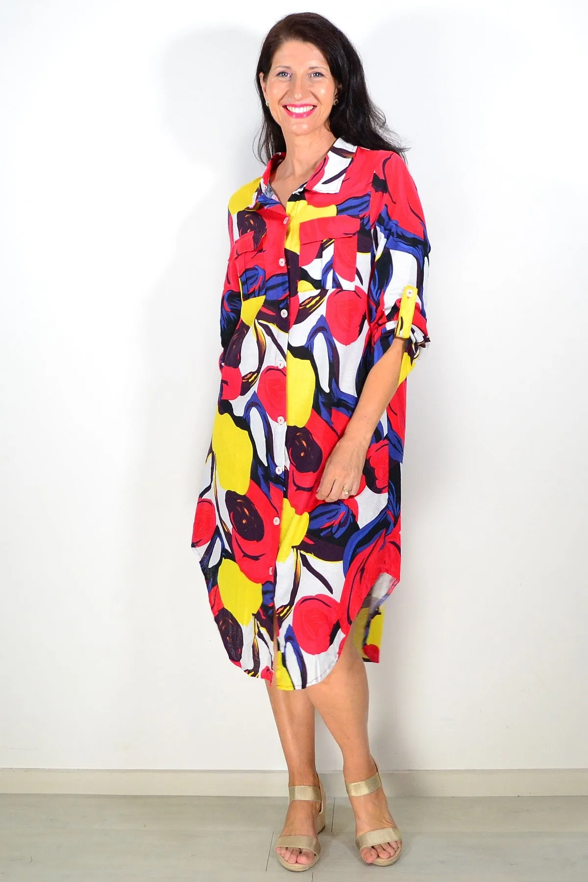 Ladies Long Shirt Red Yellow Print