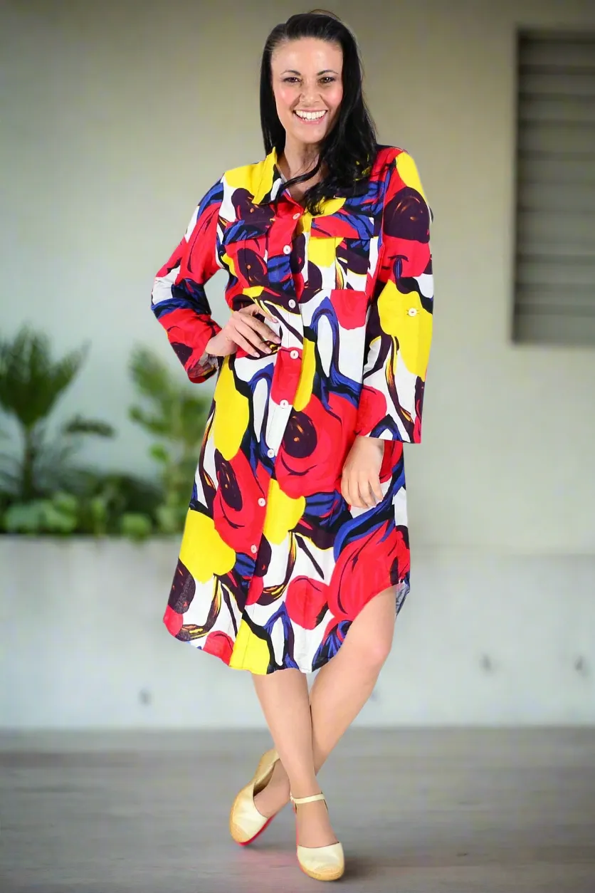 Ladies Long Shirt Red Yellow Print