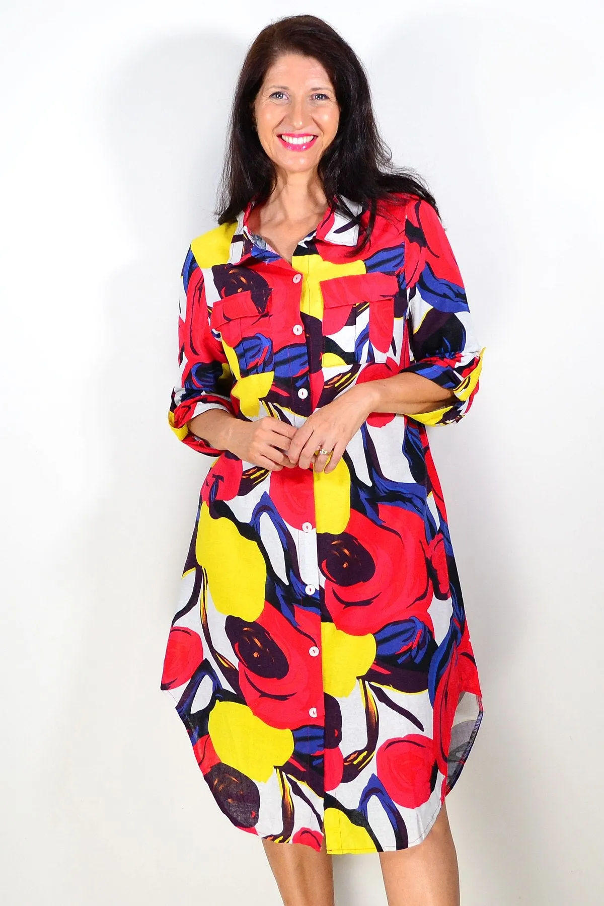 Ladies Long Shirt Red Yellow Print