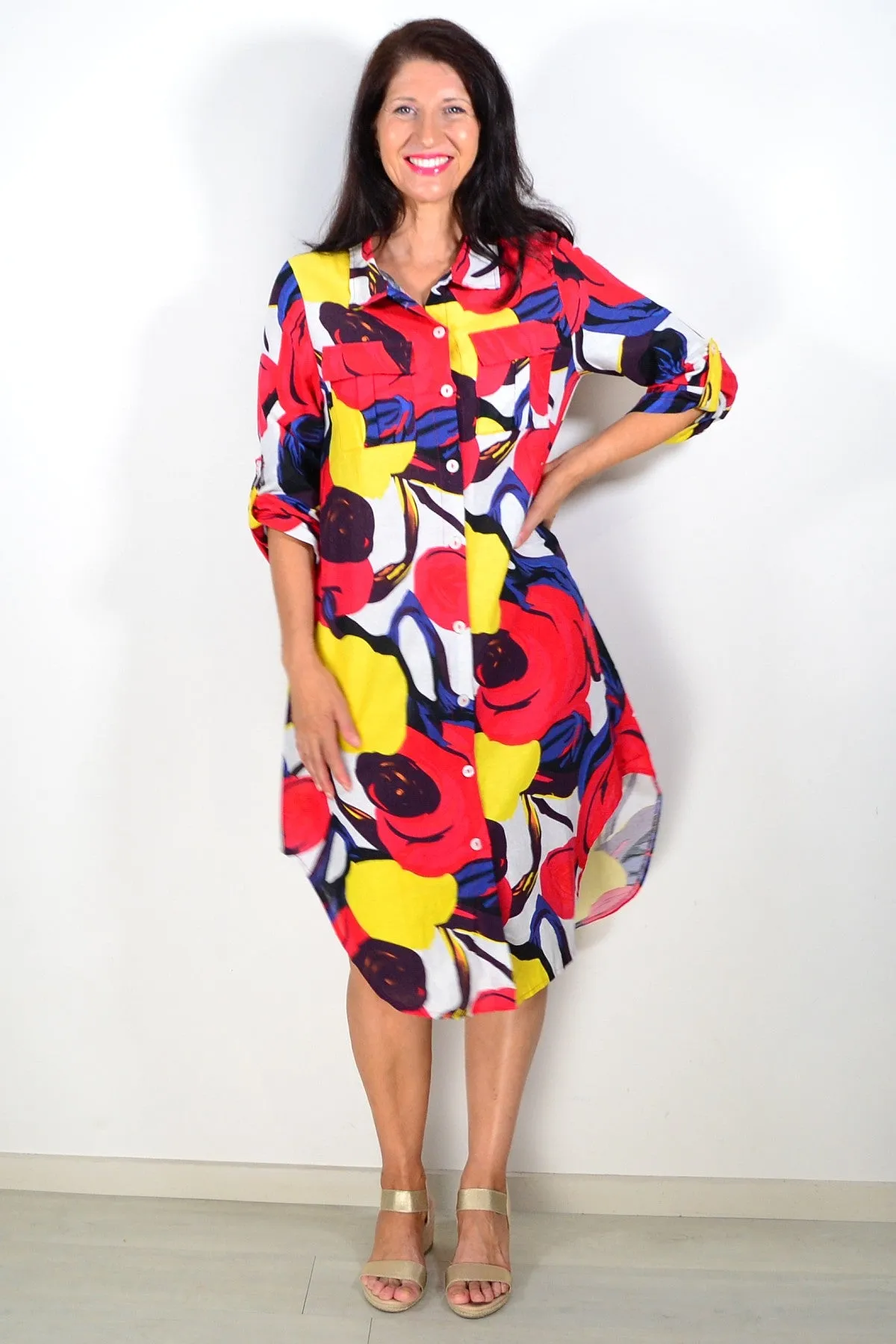 Ladies Long Shirt Red Yellow Print