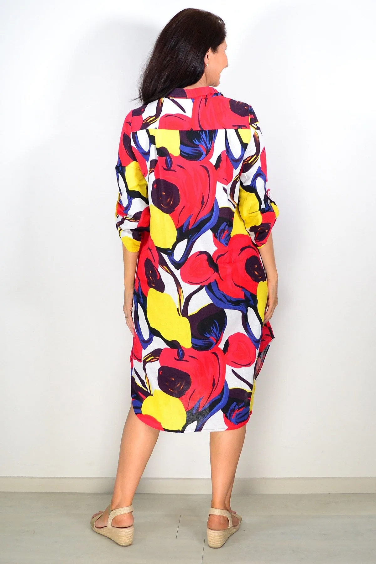 Ladies Long Shirt Red Yellow Print