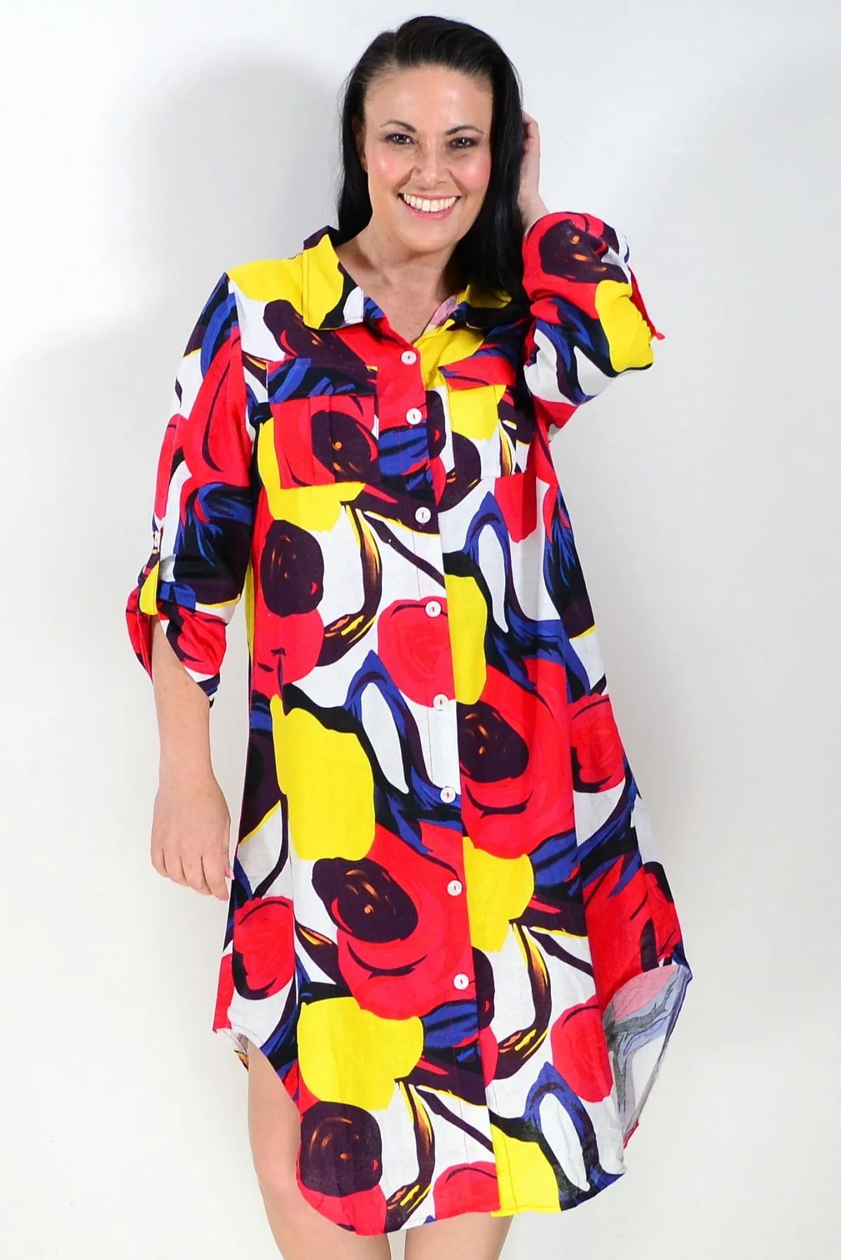 Ladies Long Shirt Red Yellow Print