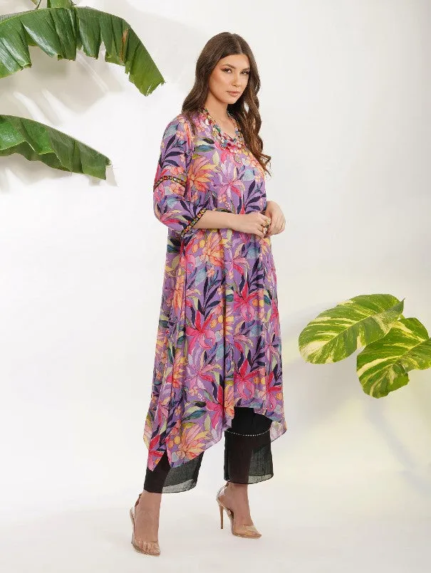 Lavender Tropical Flower Printed Tunic Set (Set of 2)