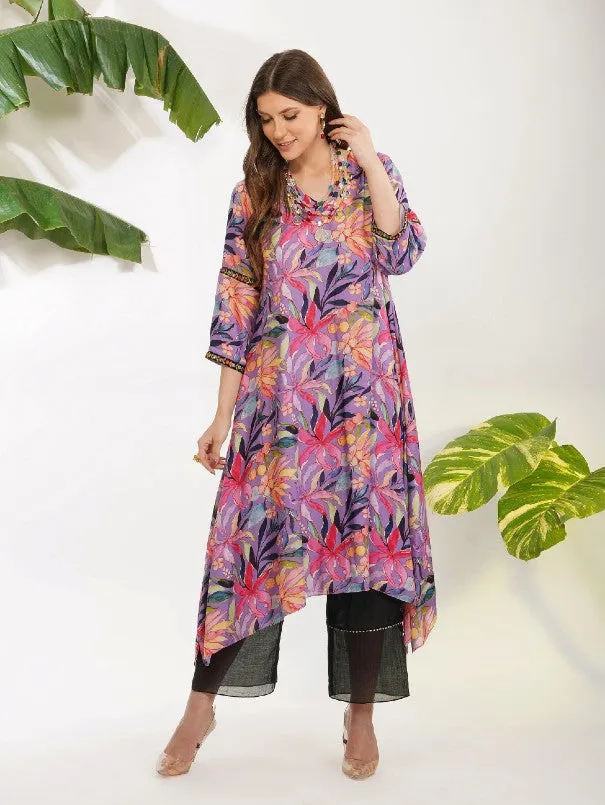 Lavender Tropical Flower Printed Tunic Set (Set of 2)