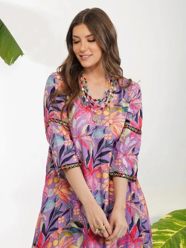 Lavender Tropical Flower Printed Tunic Set (Set of 2)