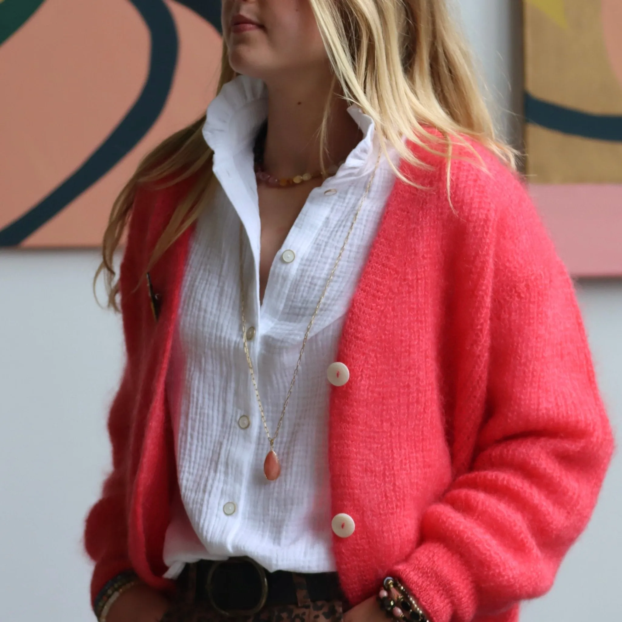 Le gilet Philippine mohair et laine - rose gourmand