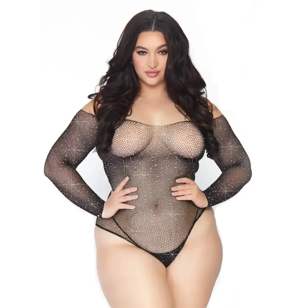 Leg Avenue Black Plus Size Long Sleeve Fishnet Bodysuit Uk 18 to 22