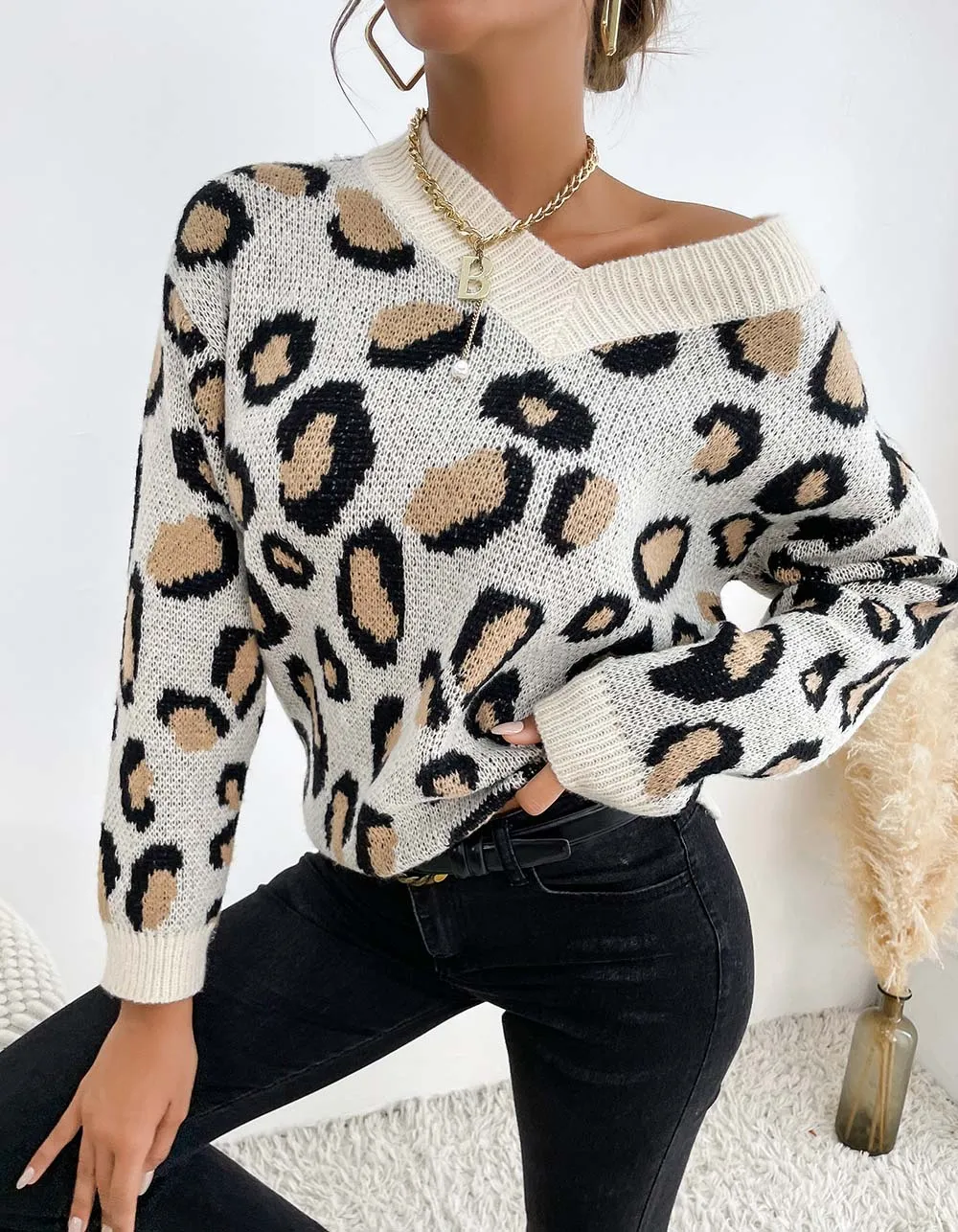 Leopard Print V Neck Loose Thin Long Sleeve Knit Sweater