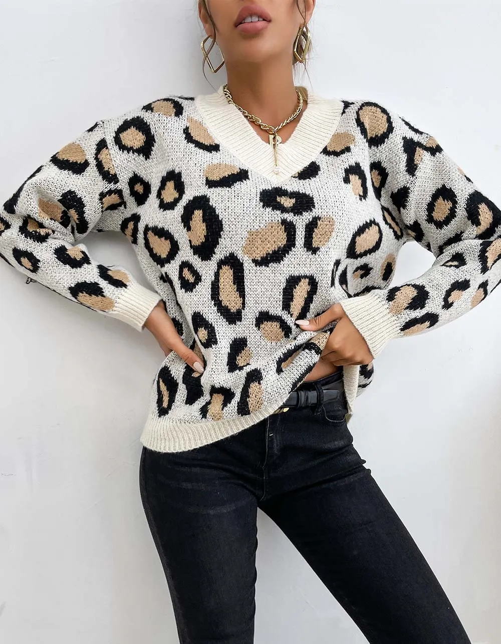 Leopard Print V Neck Loose Thin Long Sleeve Knit Sweater