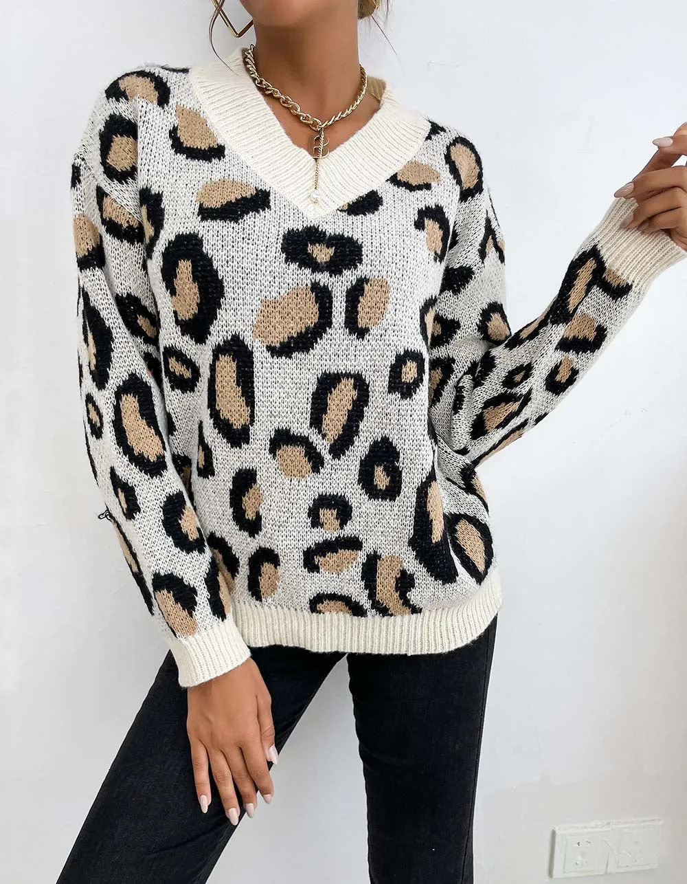 Leopard Print V Neck Loose Thin Long Sleeve Knit Sweater