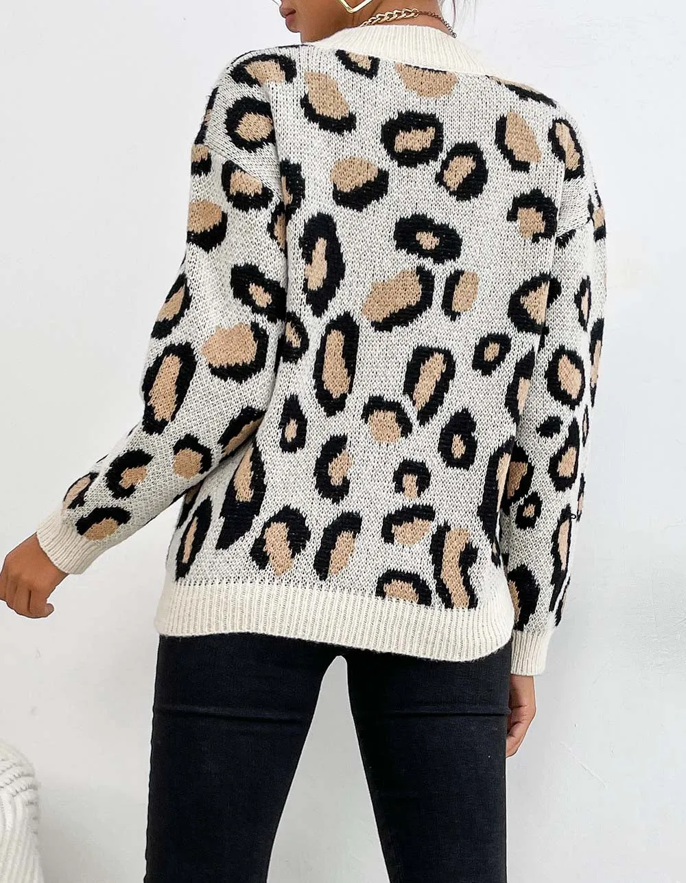 Leopard Print V Neck Loose Thin Long Sleeve Knit Sweater