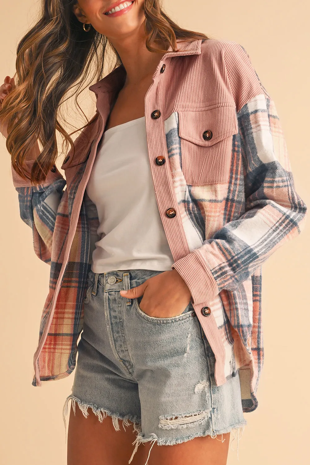 Light Pink Plaid Corduroy Patchwork Pocket Loose Shacket