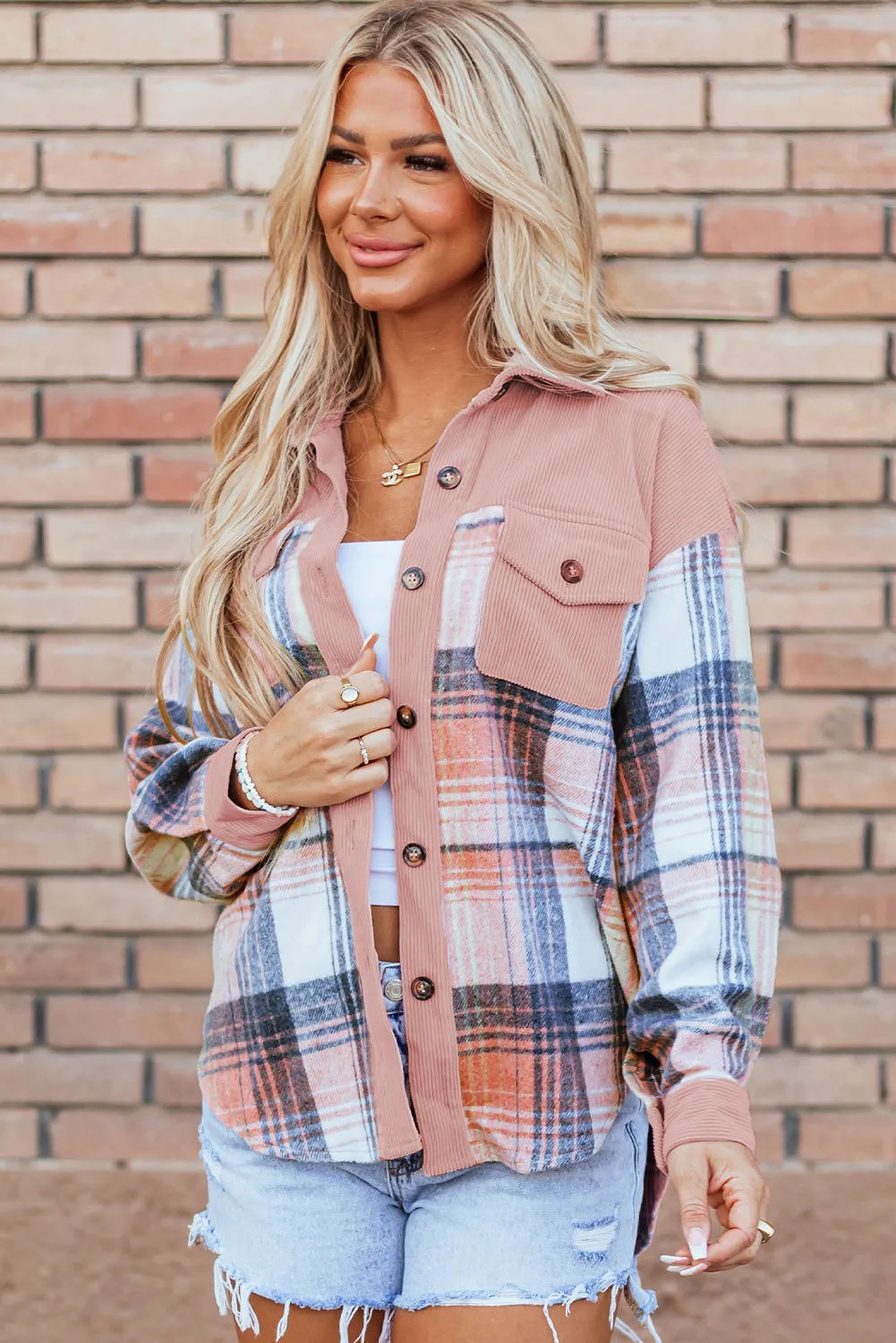 Light Pink Plaid Corduroy Patchwork Pocket Loose Shacket