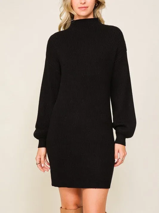 Little Black Sweater Dress Ribbed Sweater Dress with Balloon Sleeves