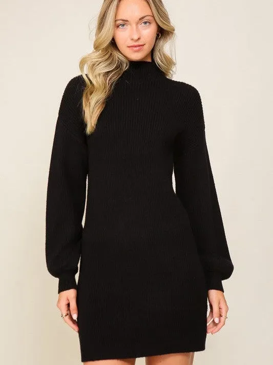 Little Black Sweater Dress Ribbed Sweater Dress with Balloon Sleeves