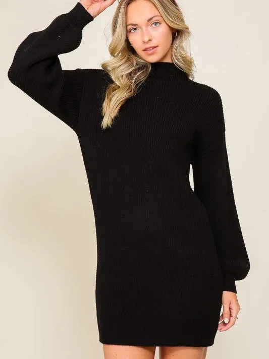 Little Black Sweater Dress Ribbed Sweater Dress with Balloon Sleeves