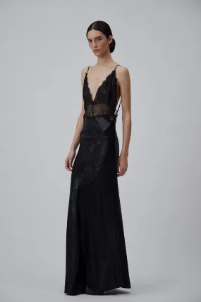 LONG SLIP DRESS WITH LACE IN GLOSSY BLACK