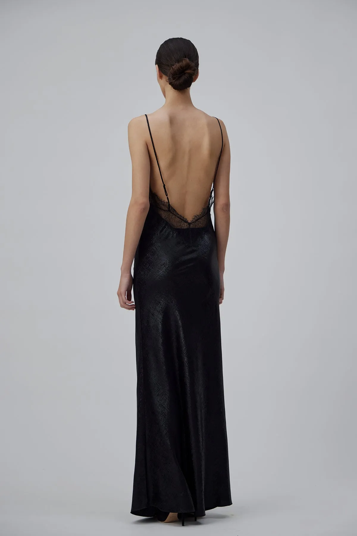 LONG SLIP DRESS WITH LACE IN GLOSSY BLACK