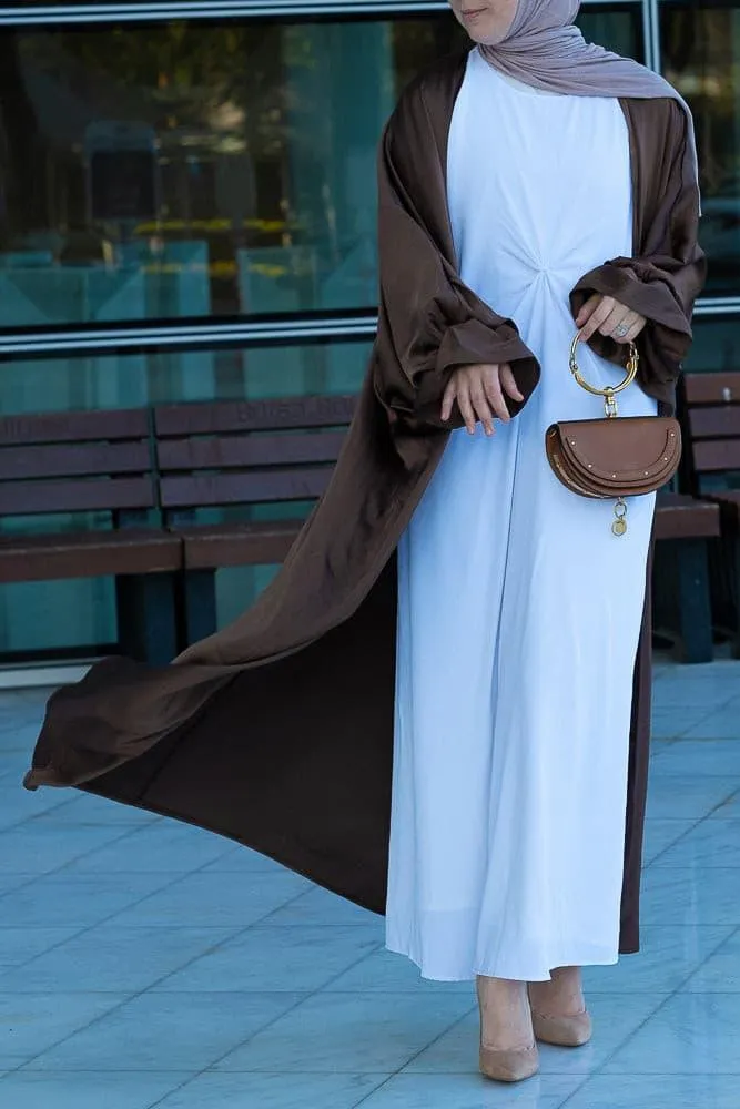 Loves open front maxi satin abaya throw over in chocolate brown